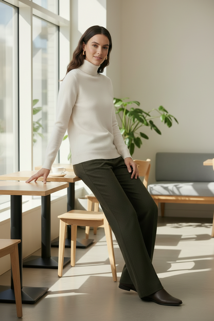 A woman stands in a bright, modern indoor setting with large windows, wearing a cream ribbed turtleneck sweater and dark olive green wide-leg trousers, paired with dark brown shoes.