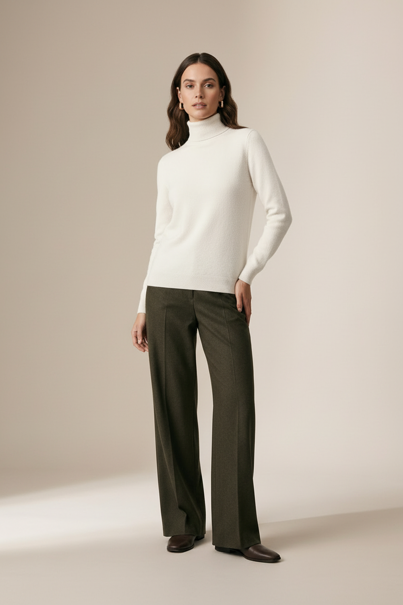 A woman stands with arms crossed wearing a cream ribbed turtleneck sweater and dark olive wide-leg trousers against a plain beige studio background.
