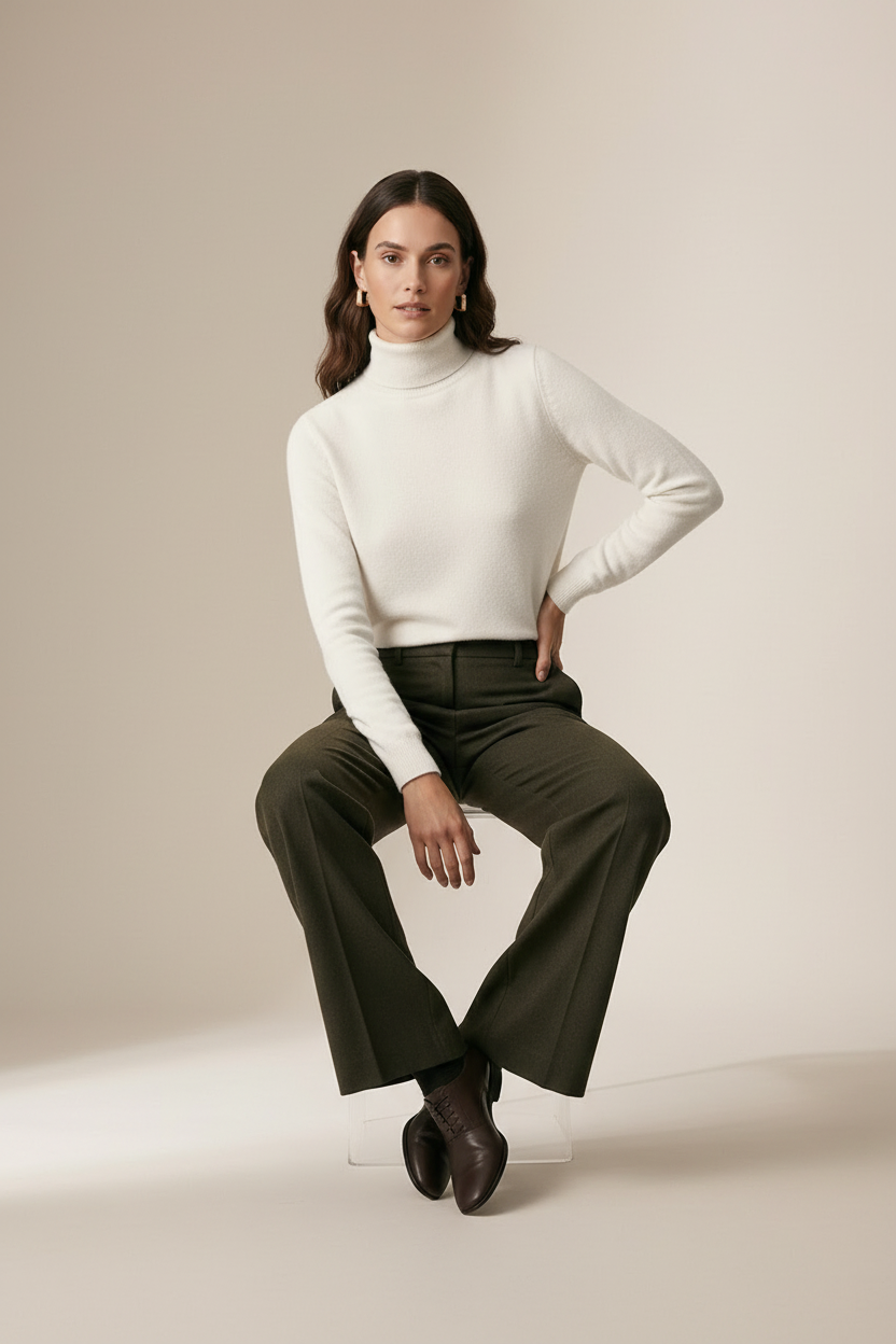 A woman stands with arms crossed wearing a cream ribbed turtleneck sweater and dark olive wide-leg trousers against a plain beige studio background.