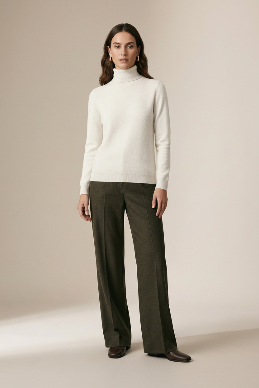 A woman stands with arms crossed wearing a cream ribbed turtleneck sweater and dark olive wide-leg trousers against a plain beige studio background.