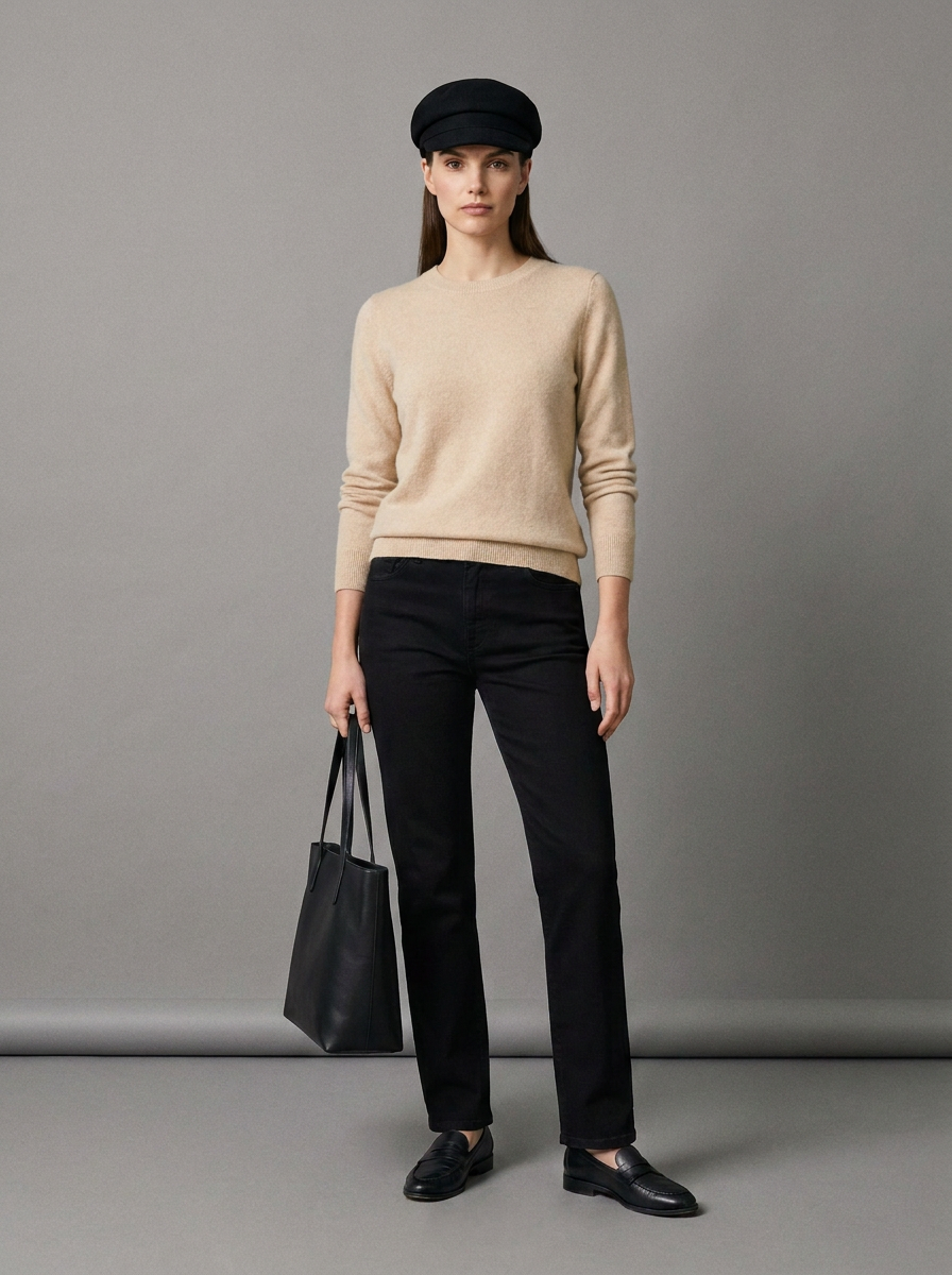 A model stands against a neutral gray studio background wearing a beige knit sweater, black trousers, a black beret, black loafers, and holding a black tote bag.
