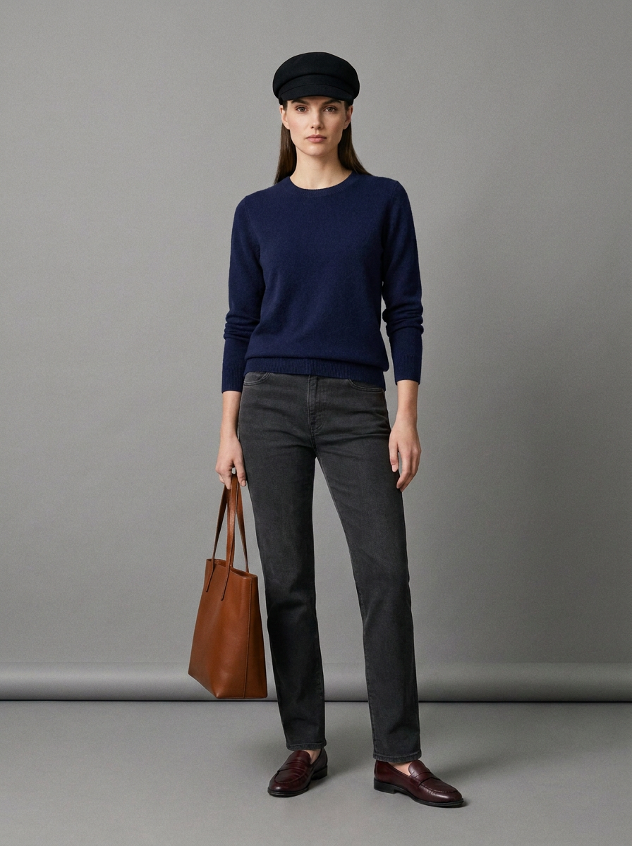 A woman stands against a plain gray studio background wearing a navy sweater, dark charcoal jeans, brown leather shoes, a black beret, and holding a brown leather tote bag.