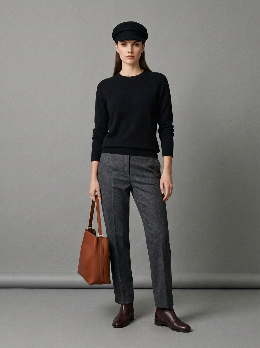 A model stands against a plain gray studio background wearing a black crewneck sweater, charcoal gray trousers, dark brown leather boots, a black flat cap, and holding a brown leather tote bag.