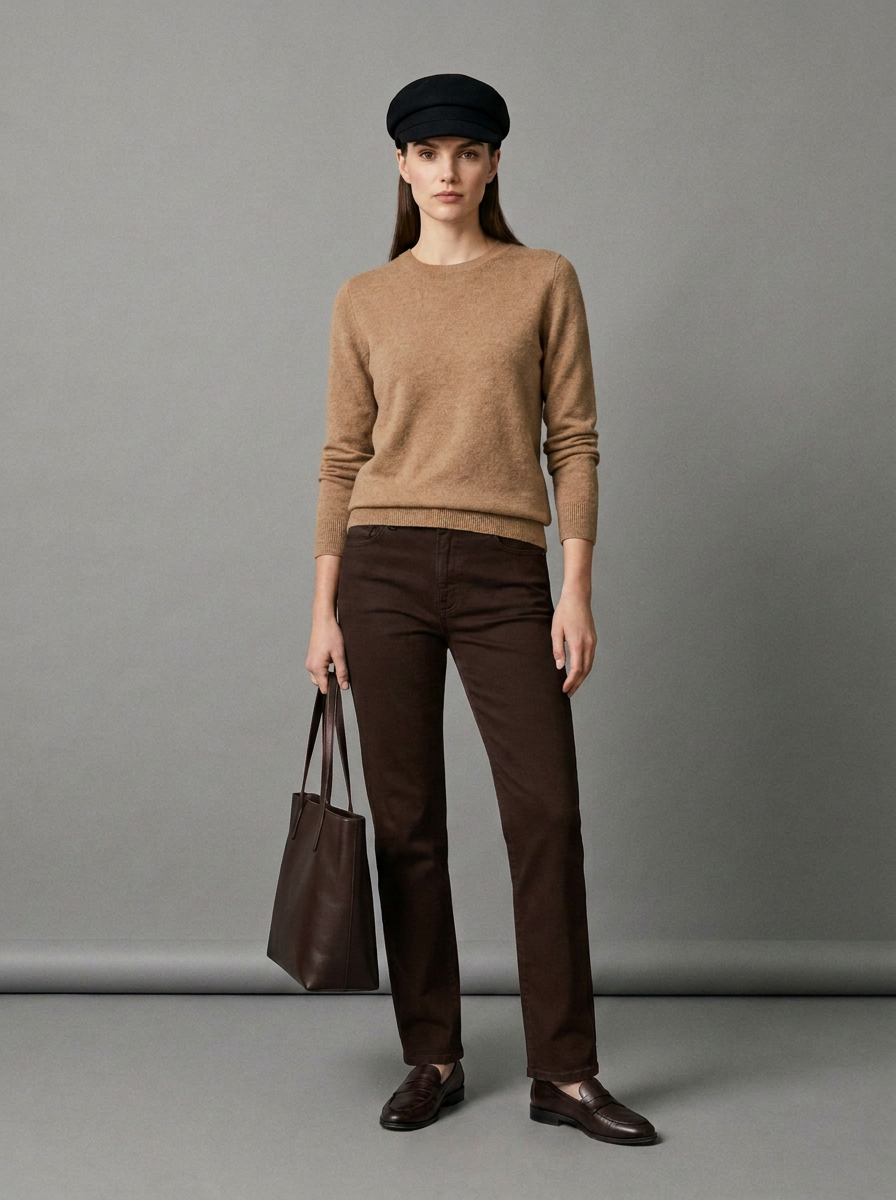 A woman stands against a plain gray studio background wearing a tan knit sweater, dark brown trousers, brown loafers, a black beret, and holding a dark brown leather tote bag.
