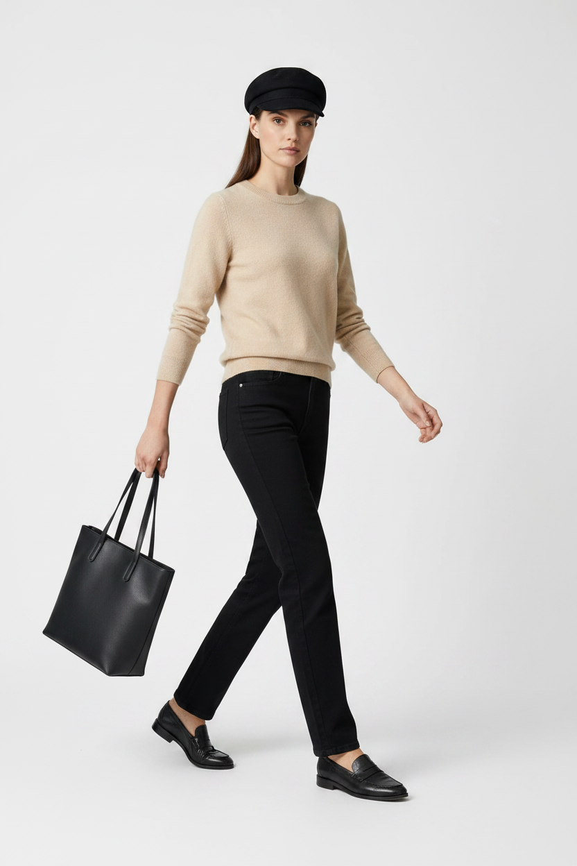 A model stands against a neutral gray studio background wearing a beige knit sweater, black trousers, a black beret, black loafers, and holding a black tote bag.