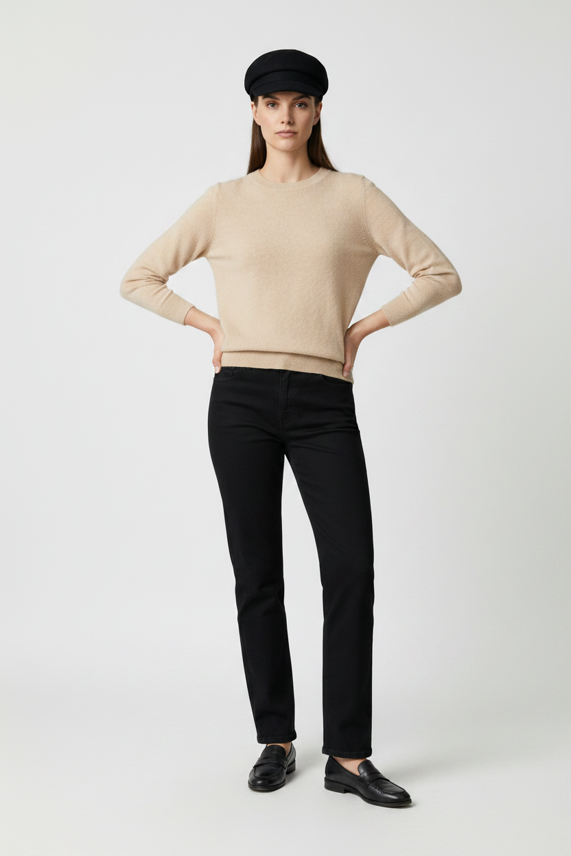 A model stands against a neutral gray studio background wearing a beige knit sweater, black trousers, a black beret, black loafers, and holding a black tote bag.