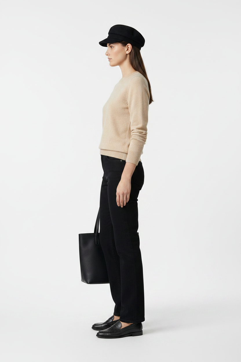A model stands against a neutral gray studio background wearing a beige knit sweater, black trousers, a black beret, black loafers, and holding a black tote bag.