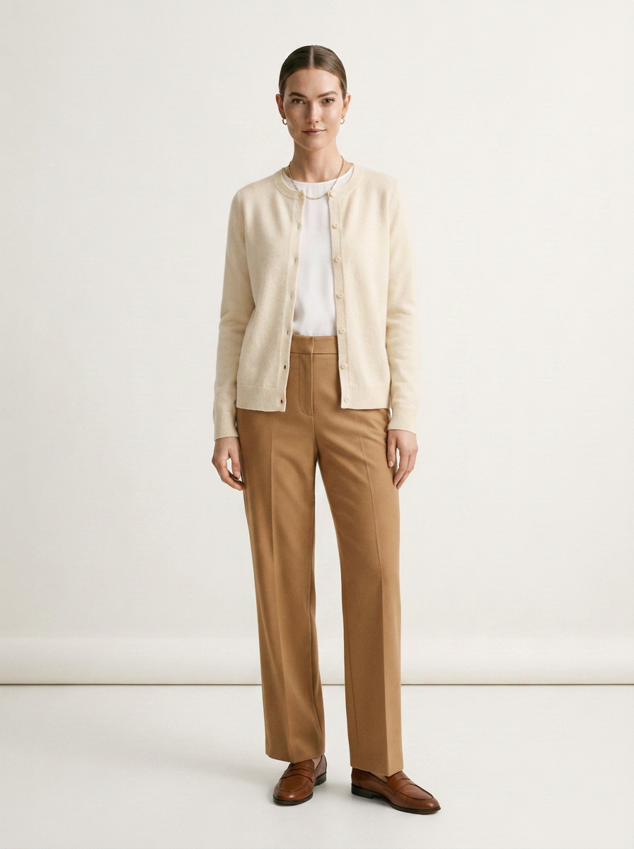 A woman stands against a plain off-white studio background wearing a cream cardigan over a white top, tan trousers, and brown loafers.