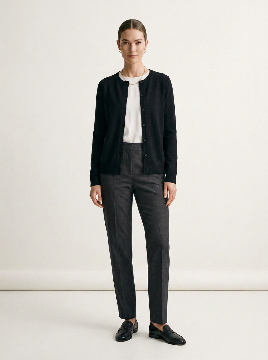 A woman stands in a studio wearing a black cardigan over a white top, dark gray trousers, and black loafers against a plain light background.