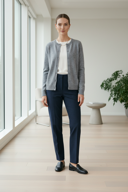 A woman stands in a bright, modern room wearing a light gray cardigan, a white top, navy blue trousers, and black loafers.