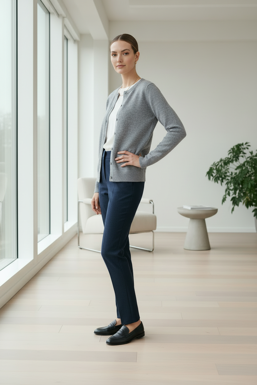 A woman stands in a bright, modern room wearing a light gray cardigan, a white top, navy blue trousers, and black loafers.