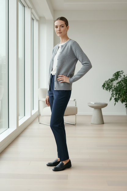 A woman stands in a bright, modern room wearing a light gray cardigan, a white top, navy blue trousers, and black loafers.