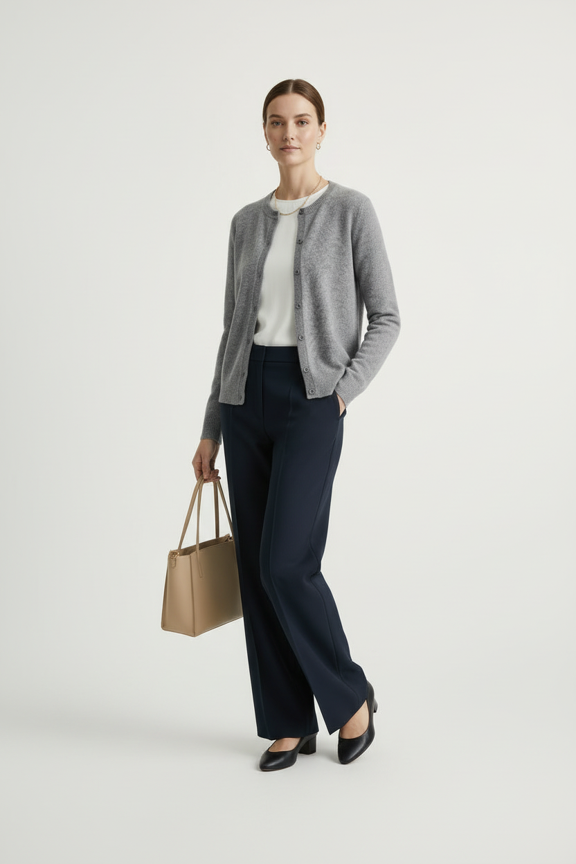 A woman wearing a light gray open-front cardigan over a cream top and navy trousers, photographed against a clean light gray studio background.