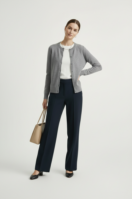 A woman stands in a studio wearing a light gray cardigan over a white top, dark navy wide-leg trousers, and black heels, while holding a tan tote bag.