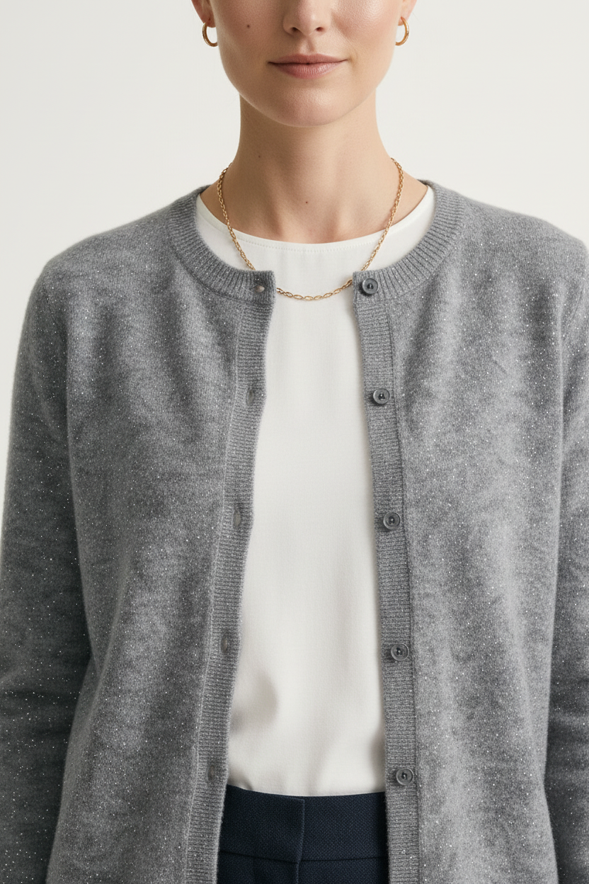 A close-up of a model wearing a heather gray knit cardigan with dark buttons over a white top and dark trousers, accessorized with a delicate gold chain necklace and hoop earrings.