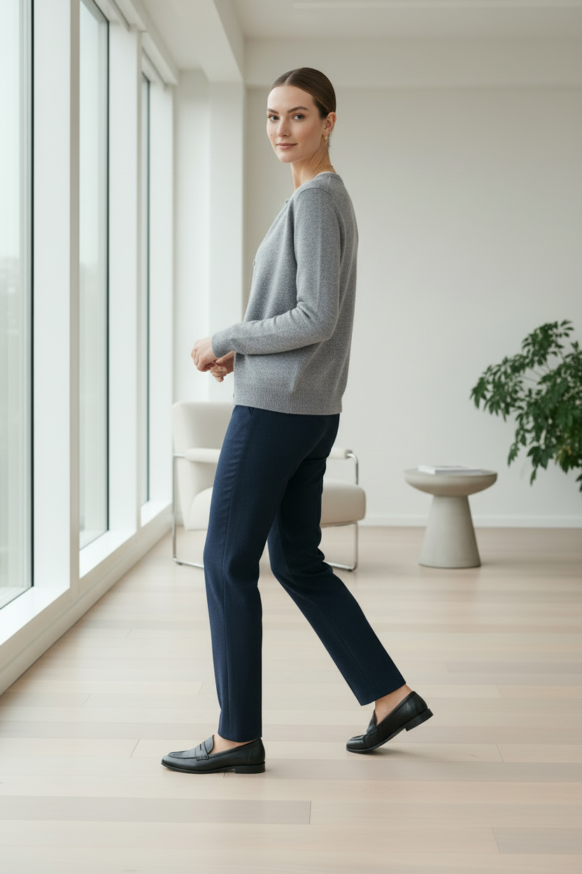 A woman stands in a bright, modern room wearing a light gray cardigan, a white top, navy blue trousers, and black loafers.