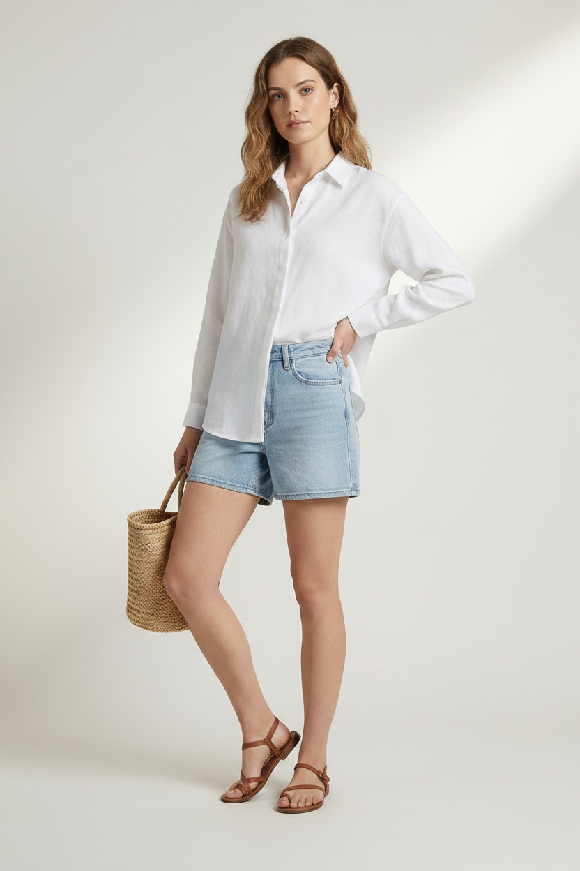 A woman stands against a light beige studio background wearing a white long-sleeve button-up shirt, light blue denim shorts, brown sandals, and holding a woven straw tote bag.
