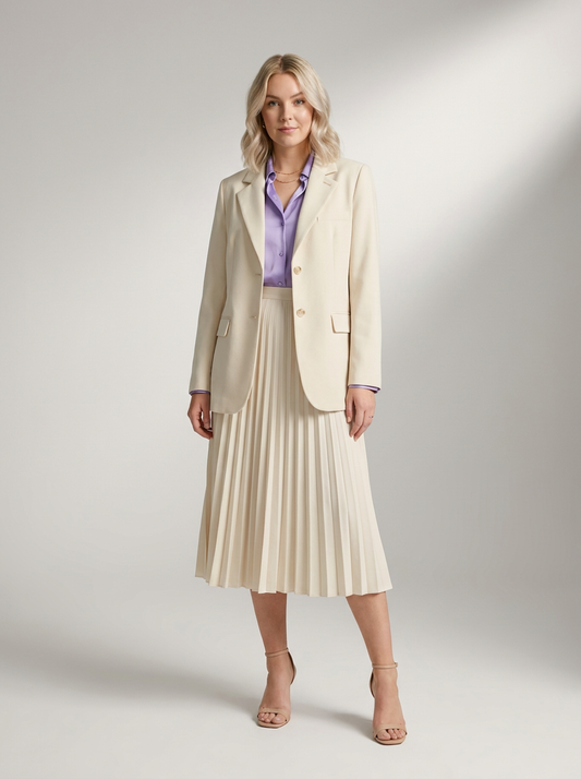 A woman stands in a studio wearing a tailored cream blazer, matching pleated midi skirt, lavender button-up shirt, and nude high-heel sandals against a light gray backdrop.