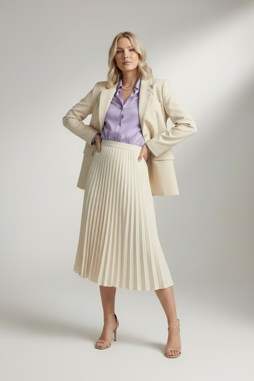 A woman models a cream-colored pleated midi skirt with a matching blazer and lavender satin shirt, standing against a neutral studio background.