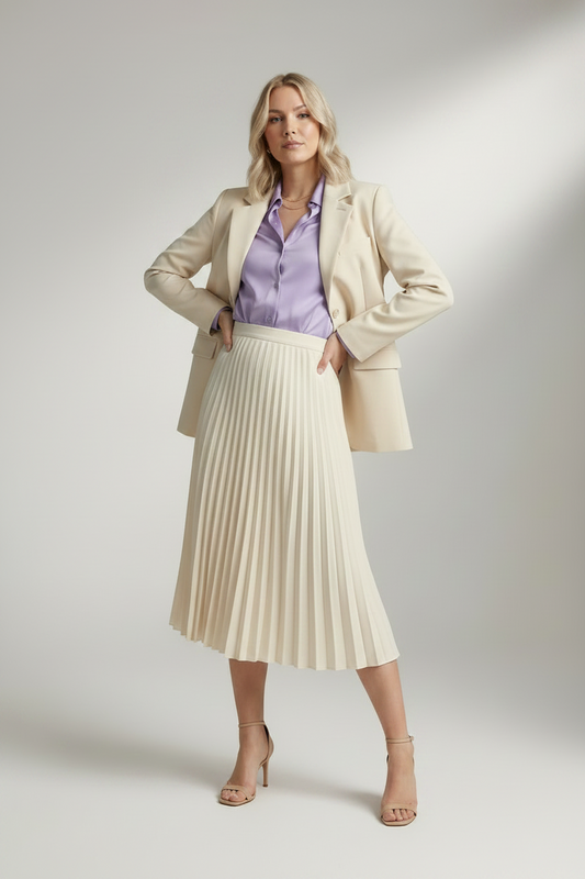 A woman models a cream-colored pleated midi skirt with a matching blazer and lavender satin shirt, standing against a neutral studio background.