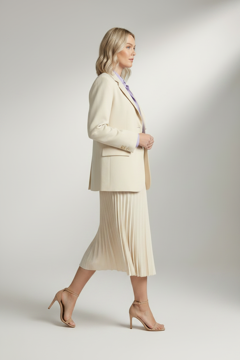 A woman stands in profile wearing a cream-colored tailored blazer and matching pleated midi skirt, with a light blue collared shirt and a purple patterned tie visible underneath, paired with beige high-heeled sandals against a light gray studio background.
