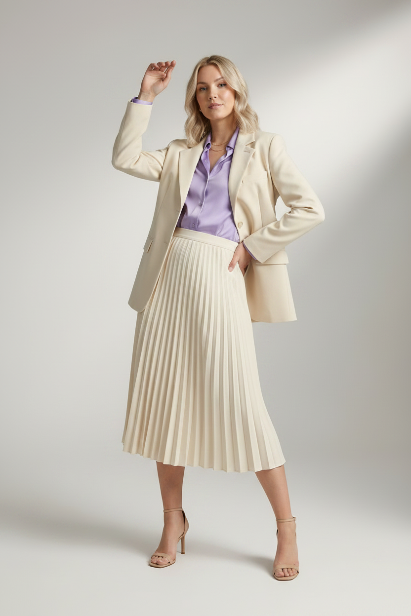 A woman stands in a studio wearing a tailored cream blazer, matching pleated midi skirt, lavender button-up shirt, and nude high-heel sandals against a light gray backdrop.