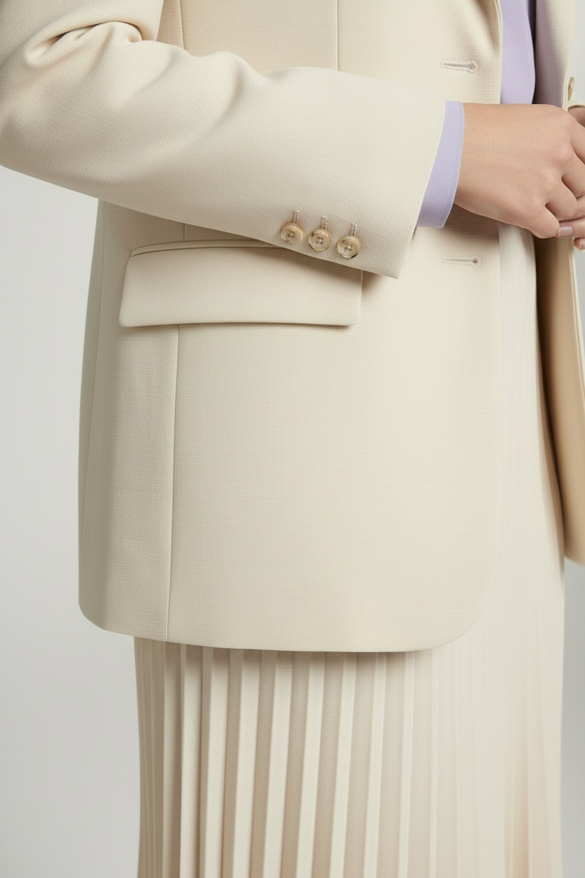 A woman models a matching cream-colored two-piece suit consisting of a tailored blazer and a pleated midi skirt, styled with a light purple patterned tie and beige high-heeled sandals against a neutral studio backdrop.