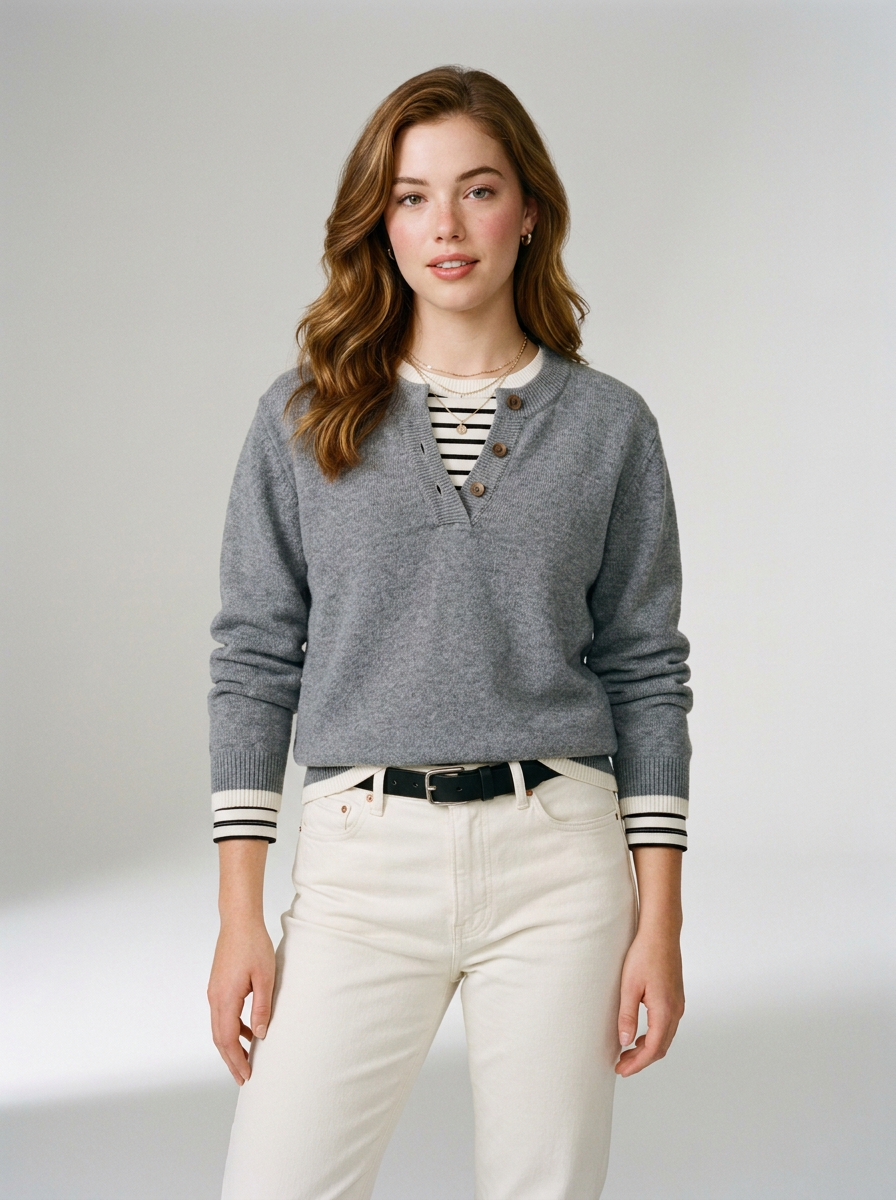 A woman modeling a gray long-sleeve henley sweater with striped cuffs, worn over a black and white striped shirt with cream pants, against a light gray studio background.