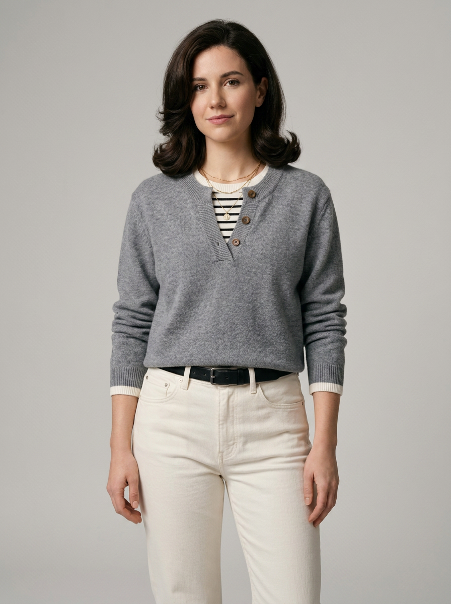 A woman modeling a gray long-sleeve henley sweater with a striped shirt and cream pants, photographed against a solid light gray studio background.