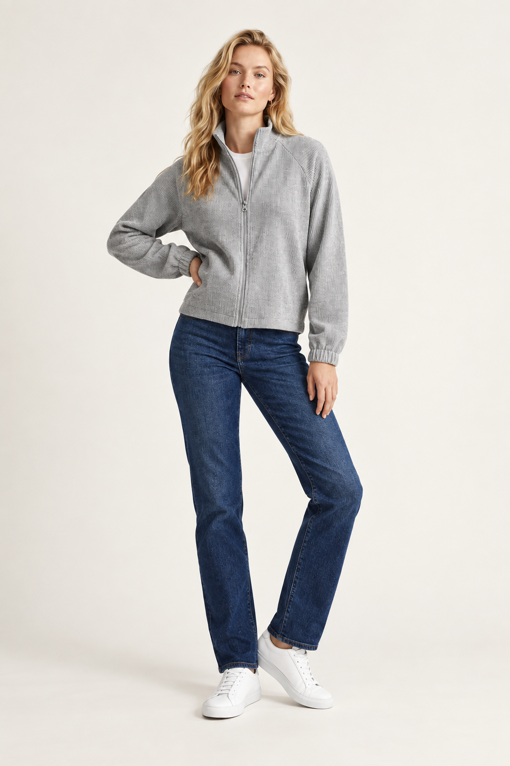 Ribbed Chenille Zip-Up Jacket with Raglan Sleeves, styled pose