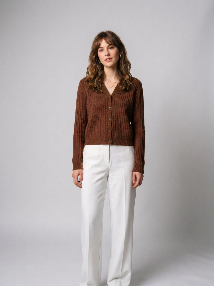 A woman stands against a light gray studio background wearing a brown ribbed button-front cardigan with a pointed collar and white wide-leg pants.