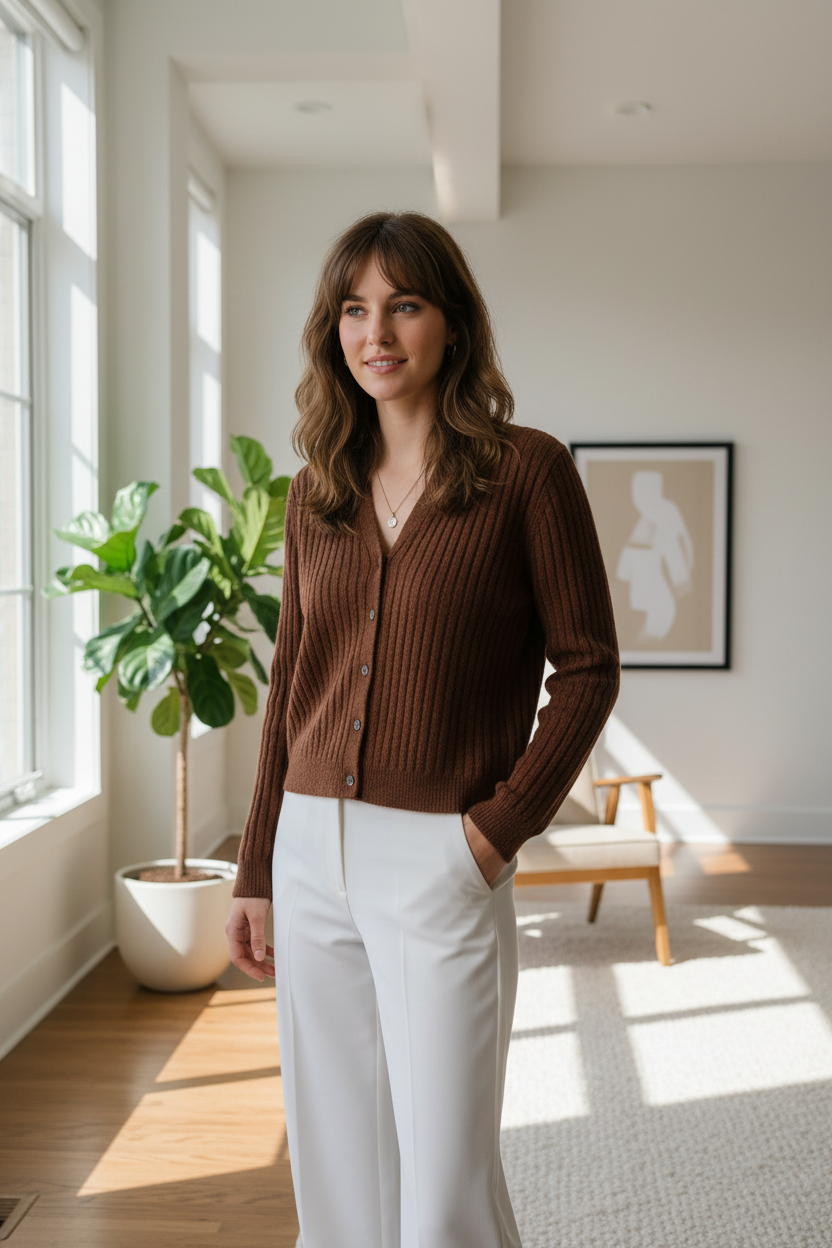 Ribbed Knit Button-Down Cardigan with Round Neck