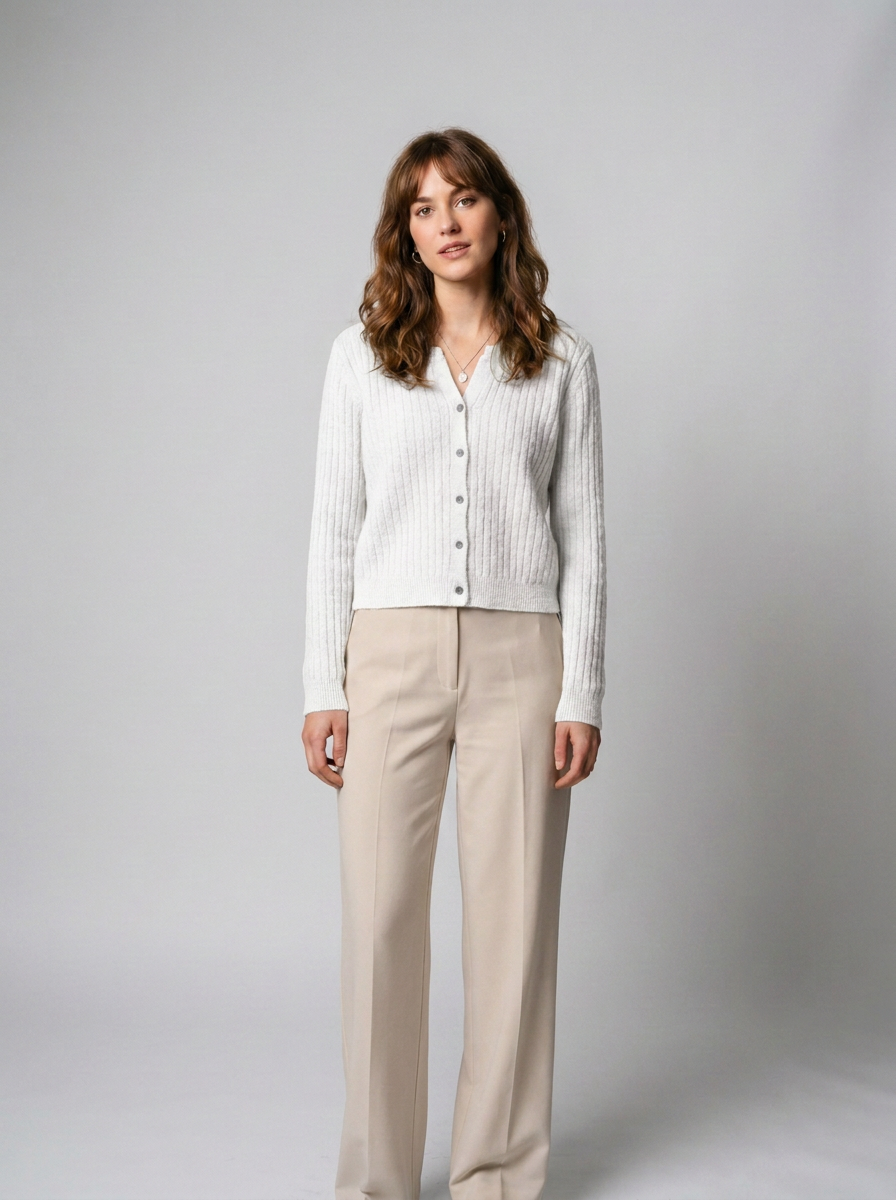 A woman modeling a white ribbed knit cardigan with buttons and beige wide-leg trousers, standing against a neutral light gray studio background.