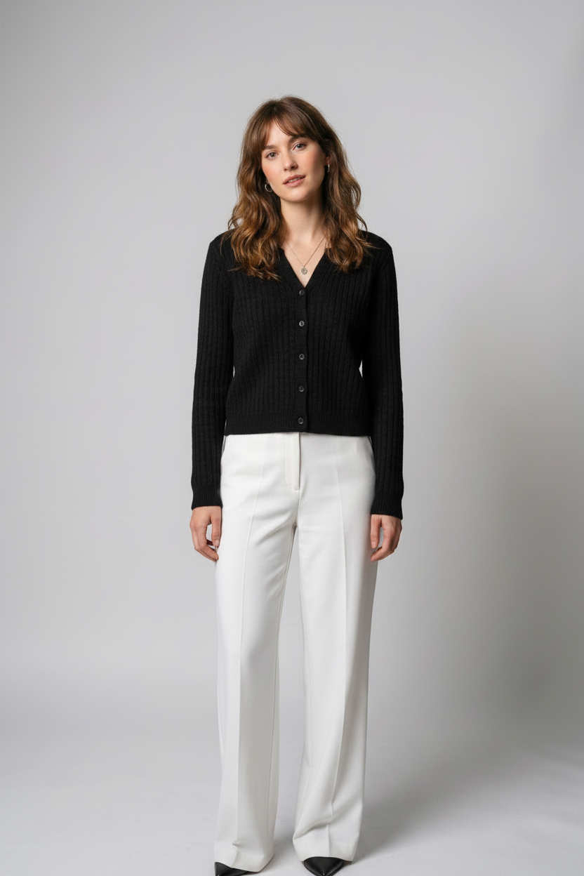 Ribbed Knit Button-Down Cardigan with Round Neck in Black