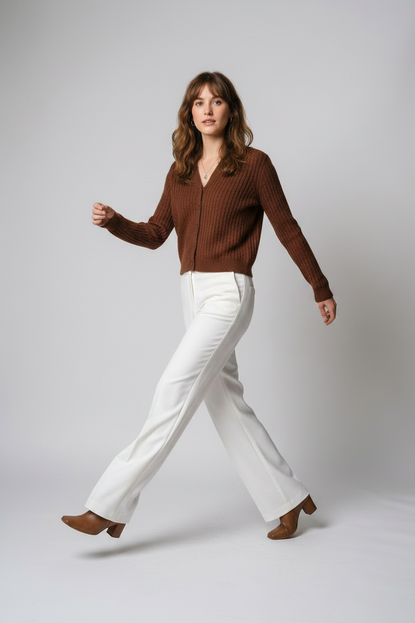 A woman stands against a light gray studio background wearing a brown ribbed button-front cardigan with a pointed collar and white wide-leg pants.