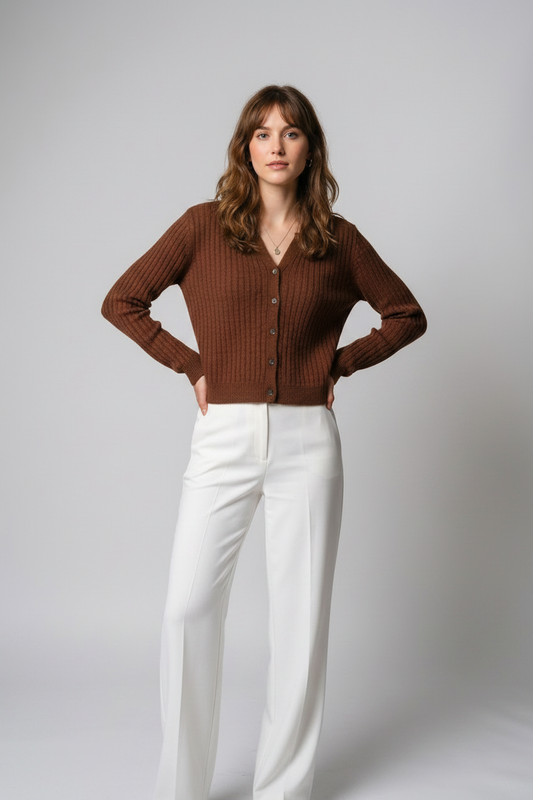 A woman stands against a light gray studio background wearing a brown ribbed button-front cardigan with a pointed collar and white wide-leg pants.