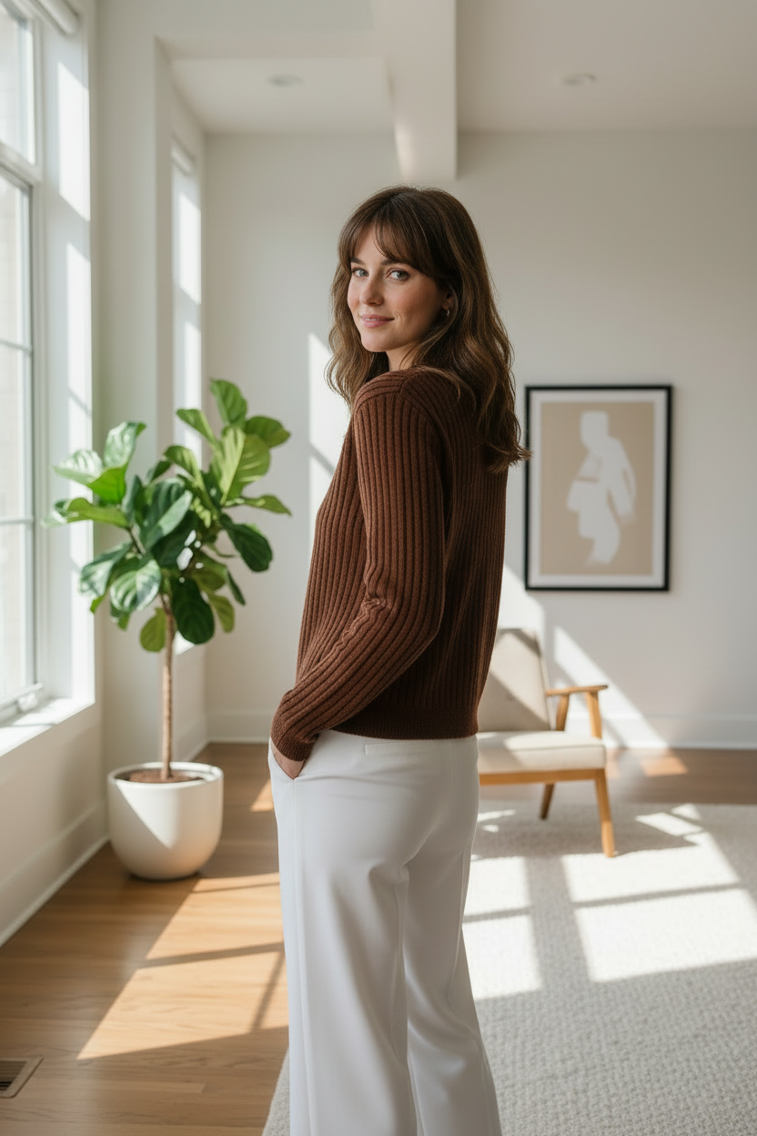 A woman stands in a bright, modern room wearing a brown ribbed knit button-front cardigan and white pants.