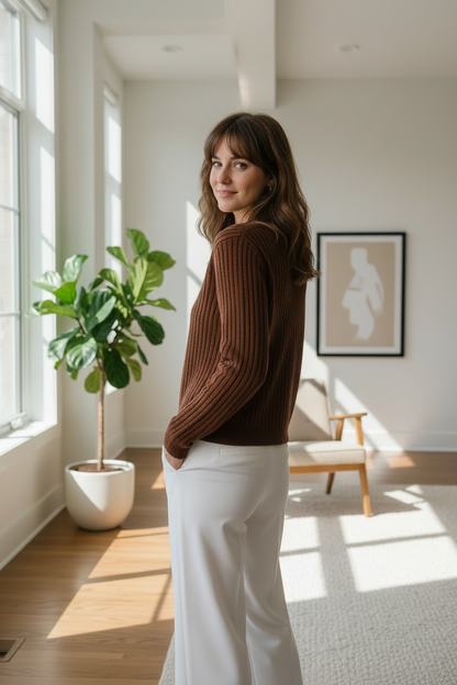 A woman stands in a bright, modern room wearing a brown ribbed knit button-front cardigan and white pants.