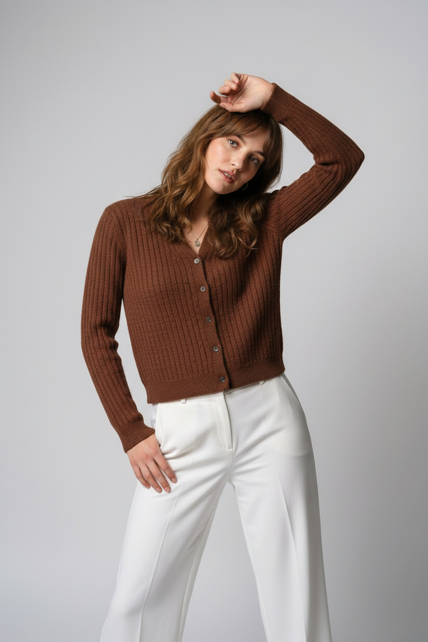 A woman stands against a light gray studio background wearing a brown ribbed button-front cardigan with a pointed collar and white wide-leg pants.