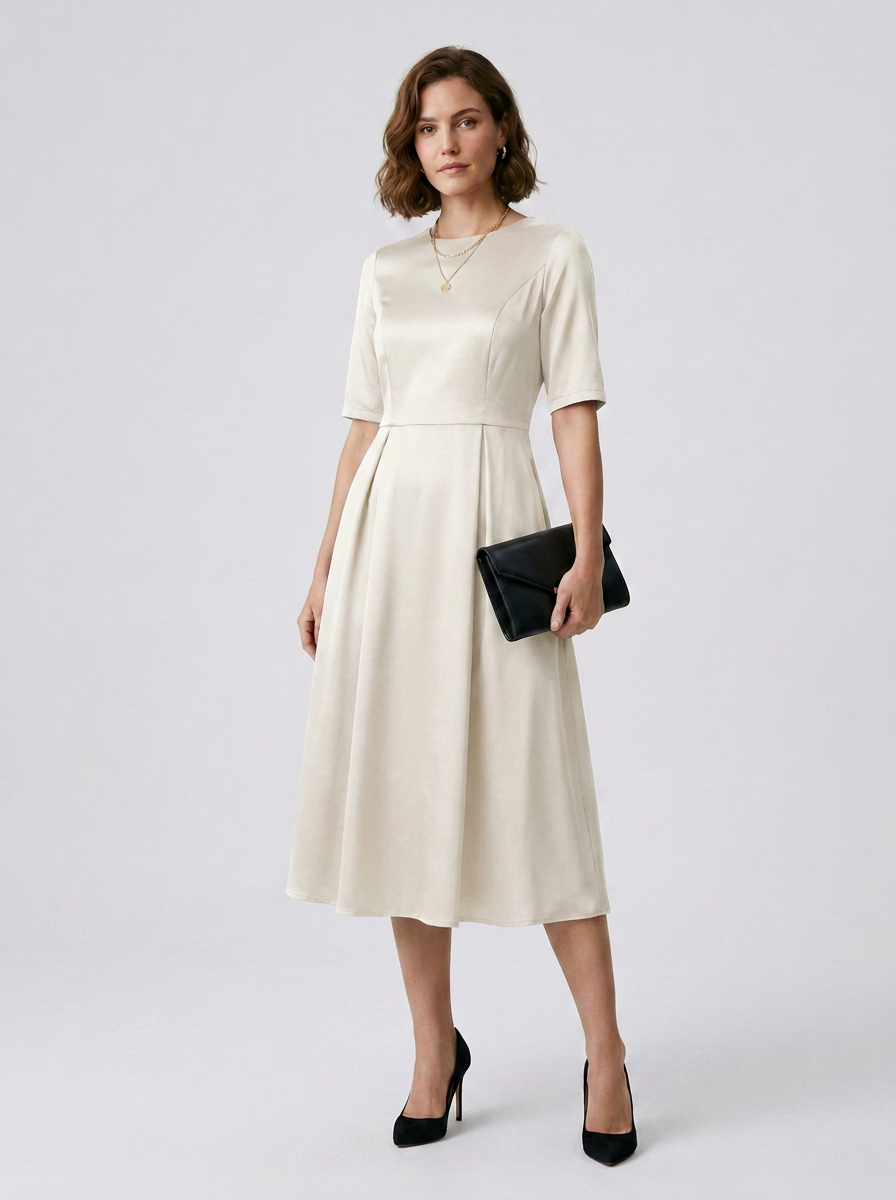Satin A-Line Midi Dress with Inverted Pleats and 3/4 Sleeves in White, studio shot