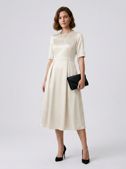 Satin A-Line Midi Dress with Inverted Pleats and 3/4 Sleeves in White, studio shot