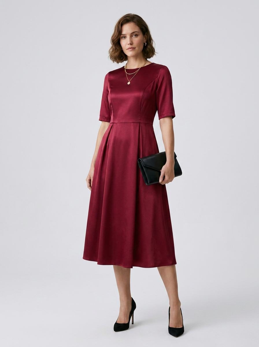 A woman models a short-sleeved midi dress in a deep burgundy satin fabric, styled with a black clutch and black heels against a light gray studio background.