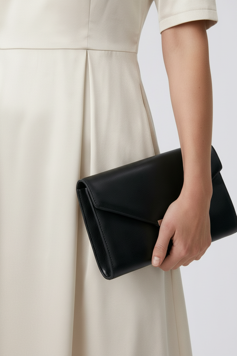 A woman models a short-sleeved, knee-length cream satin dress with a defined waist, holding a black clutch and wearing black heels against a light gray studio background.