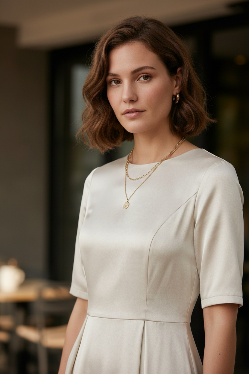 A woman models a short-sleeved, knee-length cream satin dress with a defined waist, holding a black clutch and wearing black heels against a light gray studio background.