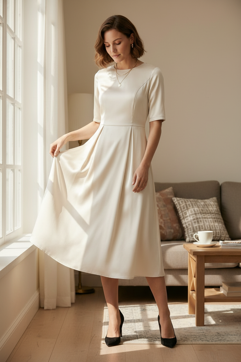 A woman models a short-sleeved, knee-length cream satin dress with a defined waist, holding a black clutch and wearing black heels against a light gray studio background.