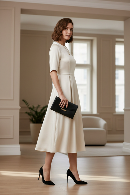 A woman models a short-sleeved, knee-length cream satin dress with a defined waist, holding a black clutch and wearing black heels against a light gray studio background.