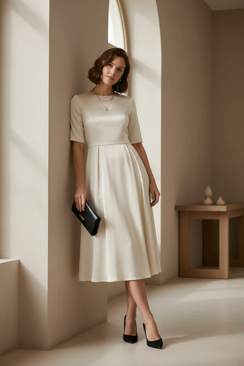 A woman models a short-sleeved, knee-length cream satin dress with a defined waist, holding a black clutch and wearing black heels against a light gray studio background.