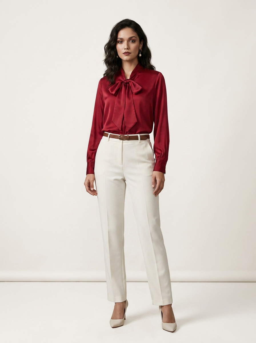 A woman modeling a long-sleeve satin-like blouse in deep burgundy with a large bow tie neckline, paired with off-white trousers and beige heels, against a plain light studio background.