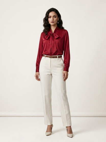 A woman modeling a long-sleeve satin-like blouse in deep burgundy with a large bow tie neckline, paired with off-white trousers and beige heels, against a plain light studio background.