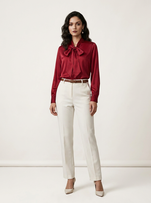 A woman modeling a long-sleeve satin-like blouse in deep burgundy with a large bow tie neckline, paired with off-white trousers and beige heels, against a plain light studio background.